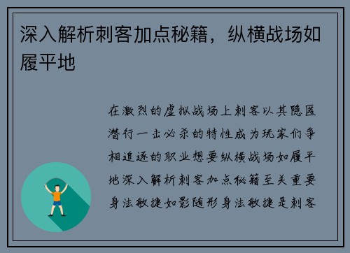 深入解析刺客加点秘籍，纵横战场如履平地